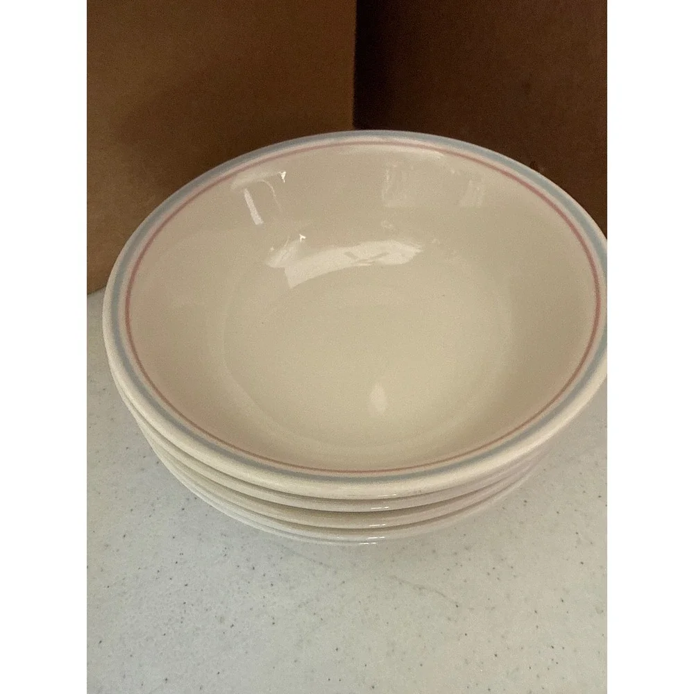 Corelle Rosemarie Cereal Bowls Set of 5 Pink Blue Band Corning Vitrelle 6.25 in‎